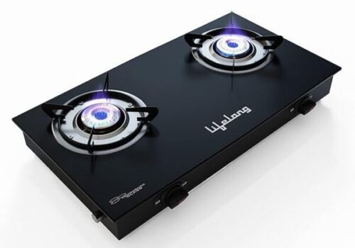 Lifelong 2 Burner Gas Stove Top for Kitchen - Manual Ignition Cooktop Modern Glass Stove
